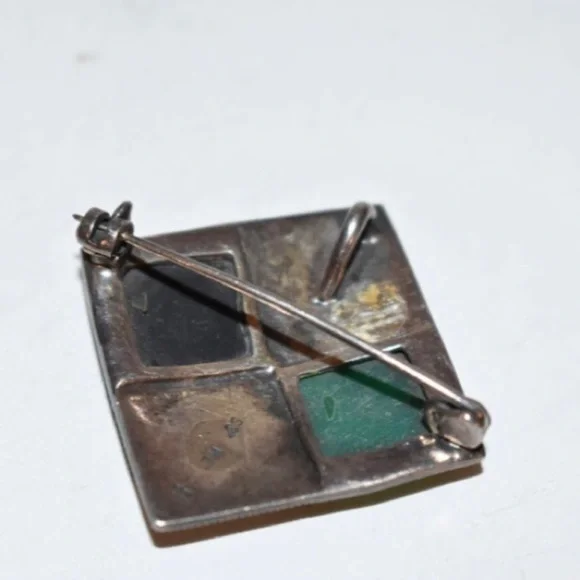 SOLD Vintage Sterling Silver marcasite onyx Brooch Pendant - Picture 7 of 8